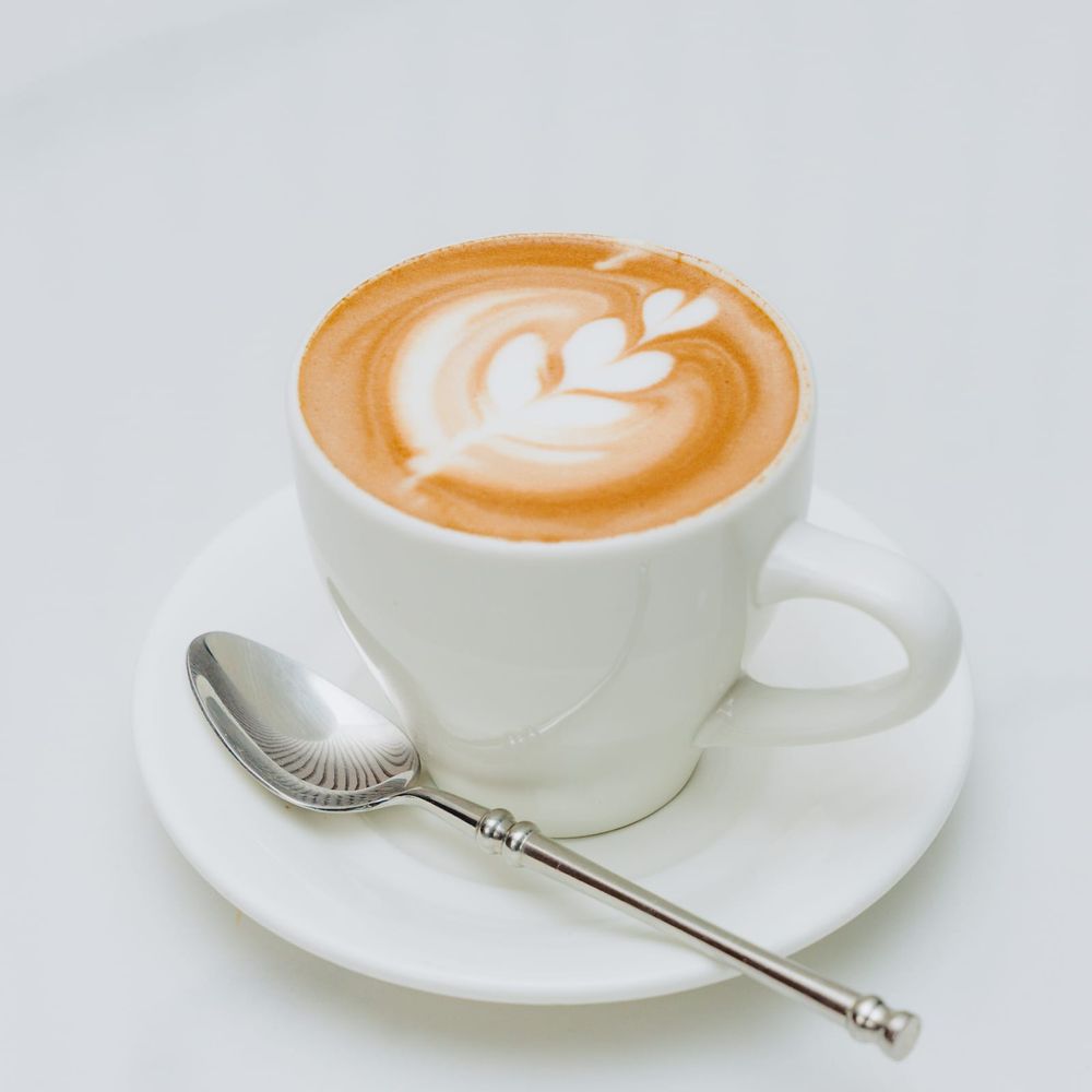 A cappuccino with rosetta latte art in a white cup and saucer