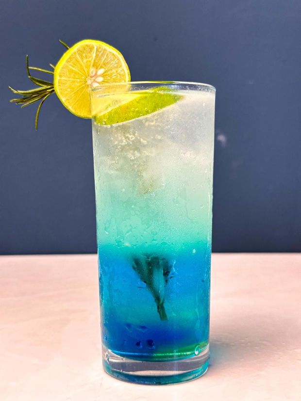 A tall highball of a blue-to-clear gradient iced drink with lemon, lime and rosemary